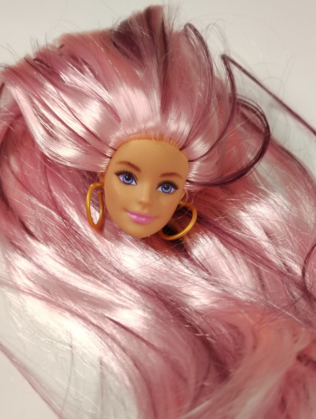 Beautiful Custom Ooak Re-rooted Barbie Doll Head Long Pink Hair
