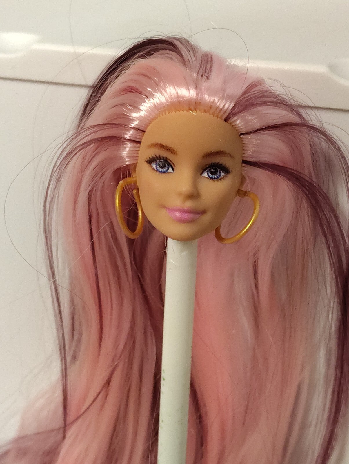 Beautiful Custom Ooak Re-rooted Barbie Doll Head Long Pink Hair