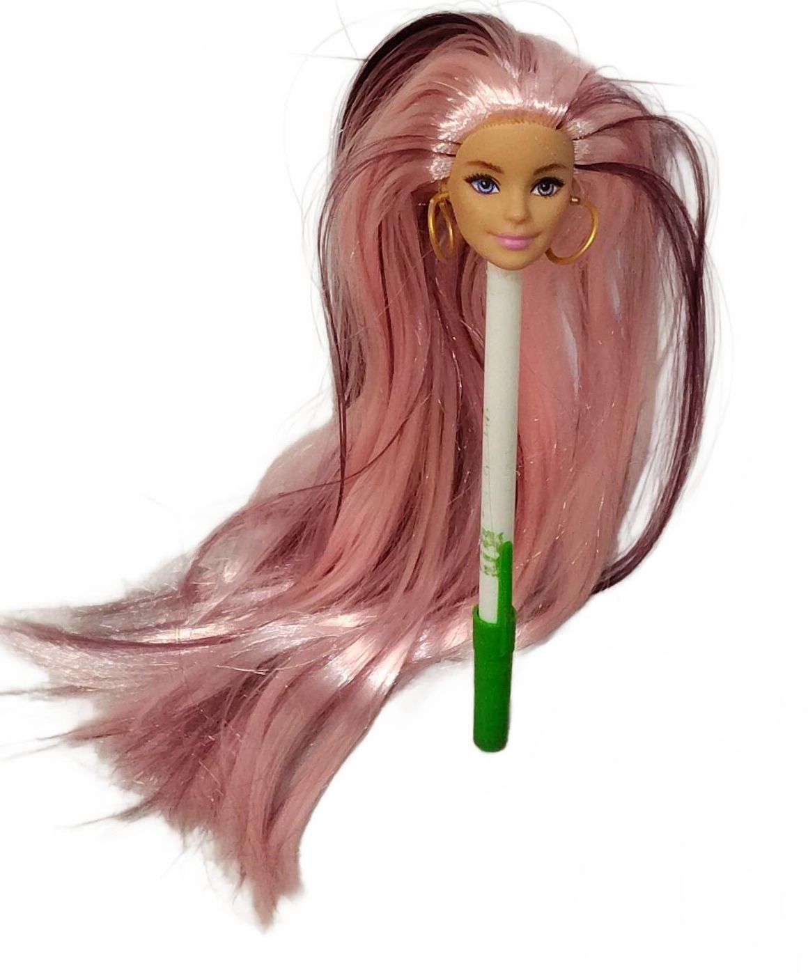 Beautiful Custom Ooak Re-rooted Barbie Doll Head Long Pink Hair